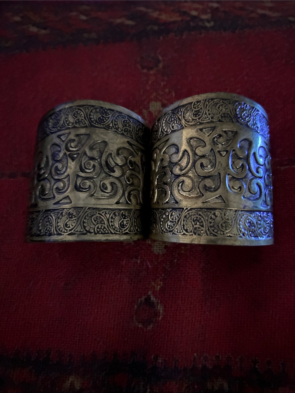 Pair of Ornate Metal Wide Scrollwork Cuff Bracelets - Antique Gold/Brass Tone.